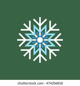White blue winter snowflake on green background. End of year christmas and sale season.