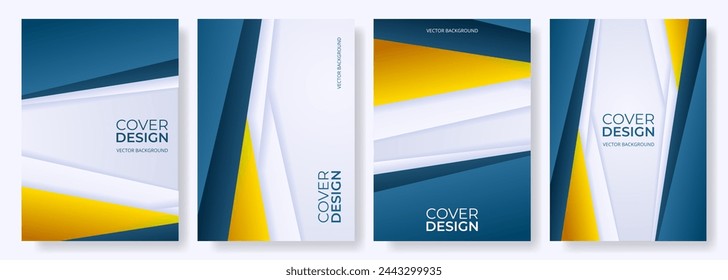 White, blue and yellow abstract modern vertical backgrounds set. Paper cut style cover design template collection. Minimalist simple annual report presentation. Vector illustration