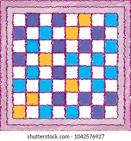 White, Blue and Yellow Embroidered Chessboard with Violet Border