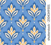 White, blue and yellow luxury vector seamless pattern. Ornament, Traditional, Ethnic, Arabic, Turkish, Indian motifs. Great for fabric and textile, wallpaper, packaging design or any desired idea.
