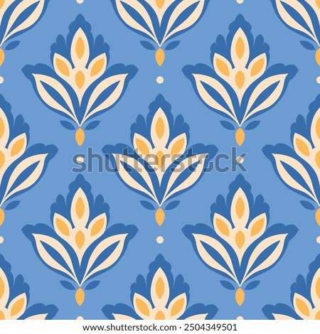 White, blue and yellow luxury vector seamless pattern. Ornament, Traditional, Ethnic, Arabic, Turkish, Indian motifs. Great for fabric and textile, wallpaper, packaging design or any desired idea.