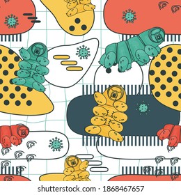 White, blue, yellow, pink colorful repeat seamless pattern of water bears or tardigrades