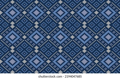 Patrón cruzado de zigzag blanco y azul, fondo diagonal de bordado, vector de punto Rhombus, textura de artesanía étnica