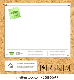 White blueprint paper background on cork board texture with note paper and drawing icon - Vector illustration