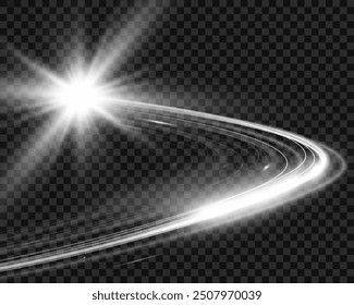 Blanco desenfoque de la onda del rastro, línea plateada circular de la velocidad de la luz. Ilustración vectorial.