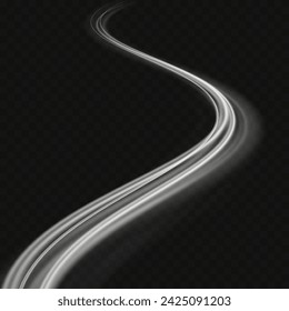 White blur trail wave, wavy line of light speed. Light simulation of line movement. Glowing bright curved lines for gaming industry advertising web design.