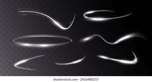Onda de trazo de borrón blanco,línea plateada ondulada de velocidad de luz.Ilustración vectorial.