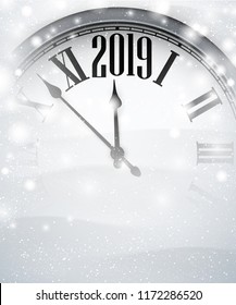 White blurred 2019 New Year background with grey clock and snow. Vector illustration.