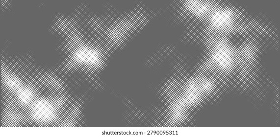 White blurred background with halftone effect, large fading dot matrix texture, abstract grayscale camouflage shapes, smooth modern vector pattern, minimalist contemporary backdrop