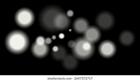 White blurred bokeh circles on black background with soft glow, imitating distant lights or defocused highlights in low-light environment.