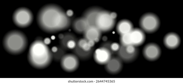 White blurred bokeh particles with varying size and opacity on black background. Abstract design element for festive or sci-fi scenes.