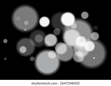 Círculos brancos borrados no plano de fundo escuro com bordas suaves e suaves. A sobreposição de bokeh brilhante cria profundidade abstrata sonhadora e atmosfera festiva sem um ponto focal claro.