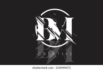 White BM Letter Logo with Vintage Grundge Cut Design. Destroyed Drawing Elegant Letter Icon Vector. 