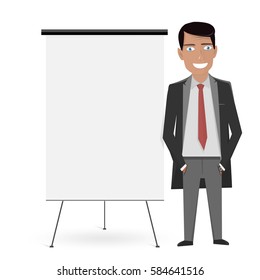 White Board for the business presentation and cartoon man in the suit.