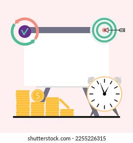 White board for business task and goal, time money and check. Vector of board task empty, money marketing and management illustration