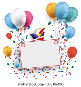 White board with colored balloons and jesters cap on the white background. Eps 10 vector file.