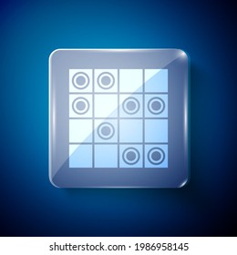 White Board game of checkers icon isolated on blue background. Ancient Intellectual board game. Chess board. White and black chips. Square glass panels. Vector