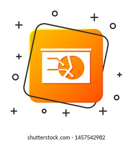White Board with graph chart icon isolated on white background. Report text file icon. Accounting sign. Audit, analysis, planning. Orange square button. Vector Illustration