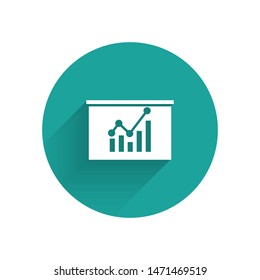 White Board with graph chart icon isolated with long shadow. Report text file icon. Accounting sign. Audit, analysis, planning. Green circle button. Vector Illustration