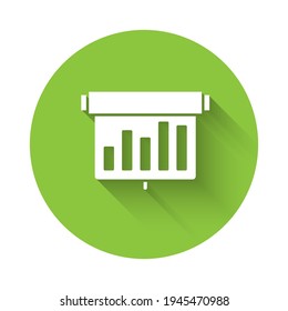 White Board with graph chart icon isolated with long shadow. Report text file icon. Accounting sign. Audit, analysis, planning. Green circle button. Vector