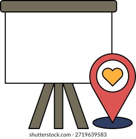Una pizarra blanca con un corazón y un mapa de una ubicación. La pizarra blanca está en un soporte y el mapa está en el suelo