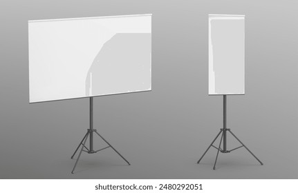 White board on tripod. Easel presentation stand. Realistic office frame for education conference or poster signage. Portable projector screen for advertising canvas display. Classroom or meeting slide