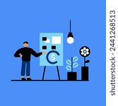 White board strategy illustration man pointing at money chart with sticky notes and plants in an office financial environment.