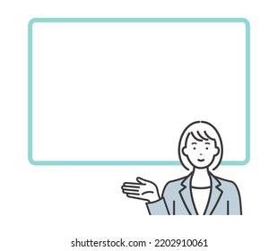 White board style frame and young business woman. Space for message.