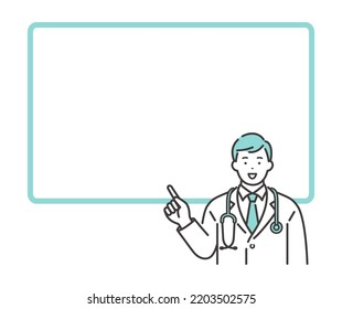 White board style frame and young male doctor. Space for message.