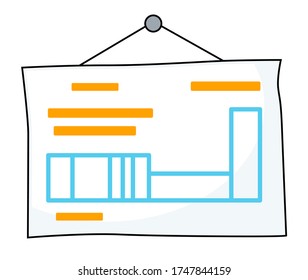 White board web icon. Poster hanging at nail pin with presentation, graph elements, tables, information. Vector illustration of cartoon whatman with drawing plan, blocks. Placing text info on a sheet