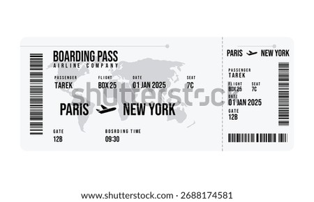 White boarding pass displaying flight BDX 25 from Paris to New York with passenger name, seat 7C, date 01 JAN 2025, and gate 12B.