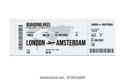 Una tarjeta de embarque blanca que describe un vuelo de Londres a Ámsterdam, con fecha de enero de 2025.