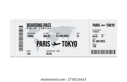 Una tarjeta de embarque blanca que muestra un vuelo de París a Tokio con detalles clave.