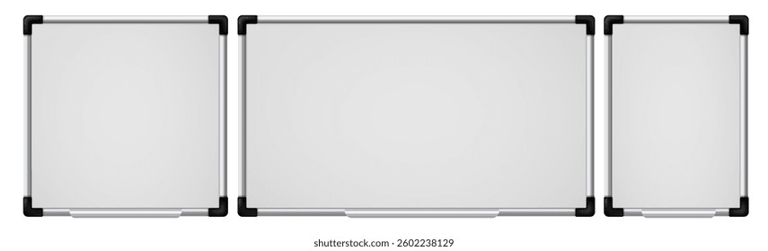 White boards. 3d realistic school or business office demonstration white board in various size. Blank empty magnetic board, information display vector mockups.