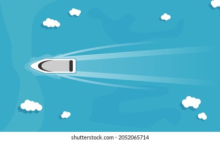 White boat floating in ocean blue sea with cloud in summer season top view flat vector design.