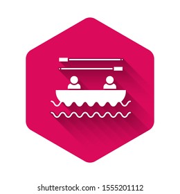 White Boat with oars and people icon isolated with long shadow. Water sports, extreme sports, holiday, vacation, team building. Pink hexagon button. Vector Illustration
