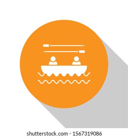 White Boat with oars and people icon isolated on white background. Water sports, extreme sports, holiday, vacation, team building. Orange circle button. Vector Illustration