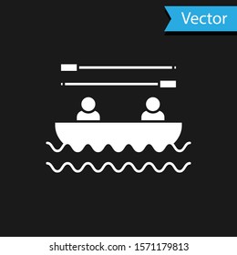 White Boat with oars and people icon isolated on black background. Water sports, extreme sports, holiday, vacation, team building.  Vector Illustration