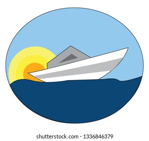 White boat on blue water with a yellow and orange sun in the background vector illustration on white background.