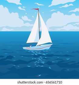 White boat with sail and red flag. Tropical ocean, waves and seagulls. Travel. Summer sky with clouds. Vector illustration of seascape with sailboat in flat faceted style for design, articles, print.