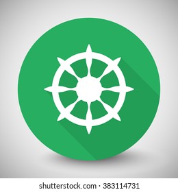 White Boat Wheel icon with long shadow on green circle