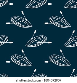 White boats with oars isolated on a blue background. Cute simple seamless pattern. Vector flat linear graphic hand drawn illustration. Texture.