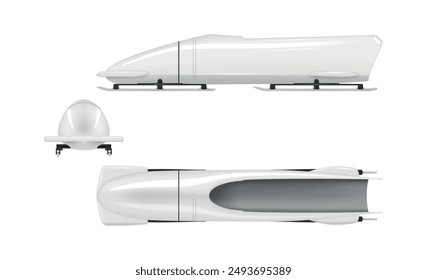 Trineo de bobsleigh blanco deporte de invierno equipo de juego olímpico vista frontal superior conjunto de Ilustración vectorial realista. Competencia extrema de trineo de hielo carrera de velocidad vehículo trineo trabajo en equipo patinaje