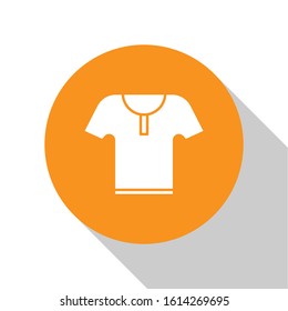 White Body armor icon isolated on white background. Orange circle button. Vector Illustration