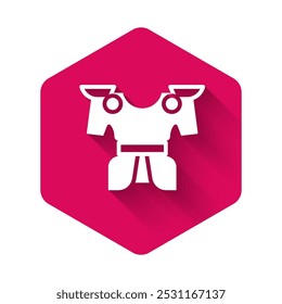 White Body armor icon isolated with long shadow background. Pink hexagon button. Vector