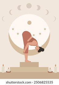 Cuerpo blanco mujer positiva haciendo yoga y cartel de fase lunar 