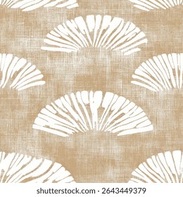 White boho fan-shaped pattern on a light brown linen background. on linen fabric print pattern, cotton, silk, vector illustration, doodle summer, kids and baby designs for print fabric.