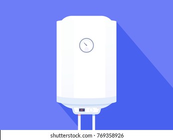 White boiler water heater. Home heating electric boiler on blue background. Vector illustration