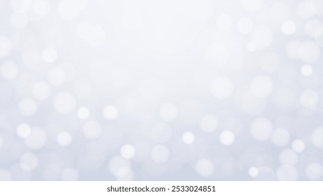 White bokeh horizontal background, blurred circle lights or snow on white gradient backdrop. Abstract empty monochrome banner with copy space. Vector HD template for pure winter or beauty design.