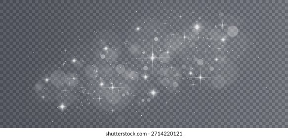 Partículas brancas de luz bokeh isoladas no fundo transparente. Ilustração realista de vetor de rastro de brilho com cintilante pó de fadas mágico, efeito de neve cintilante, confete de férias twinkle